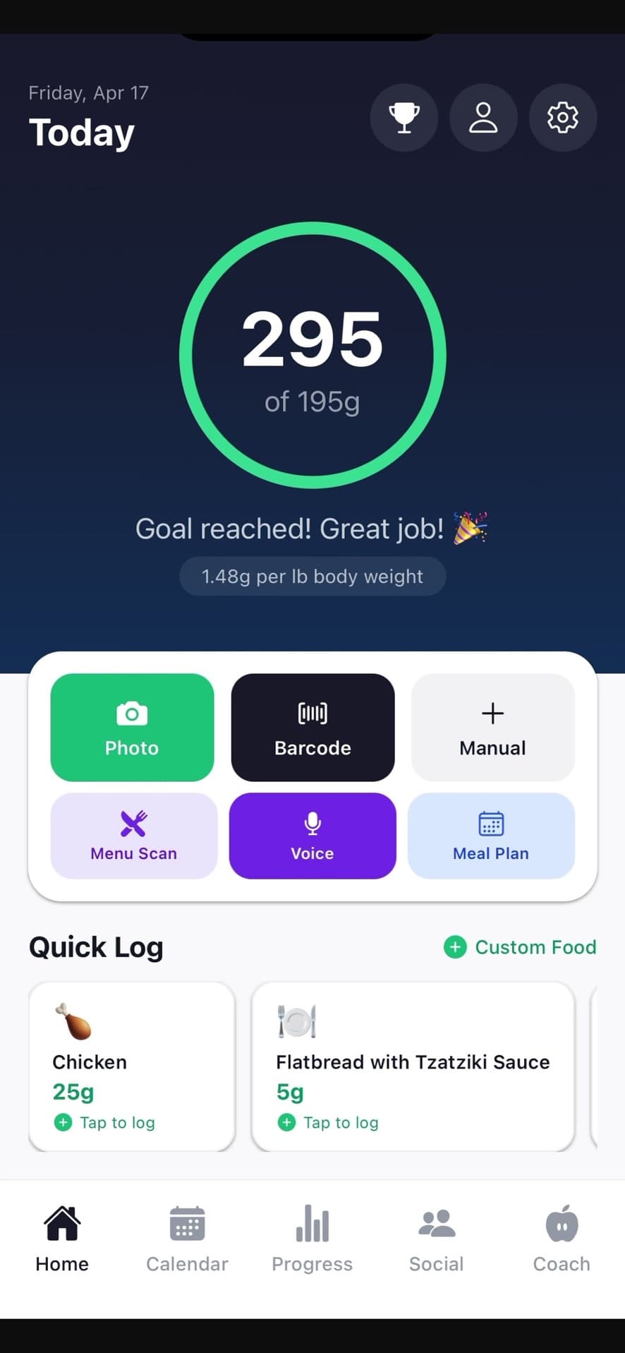 Protein Pic home screen showing a completed daily protein goal of 295 grams of 195, with photo, barcode, and menu scan buttons