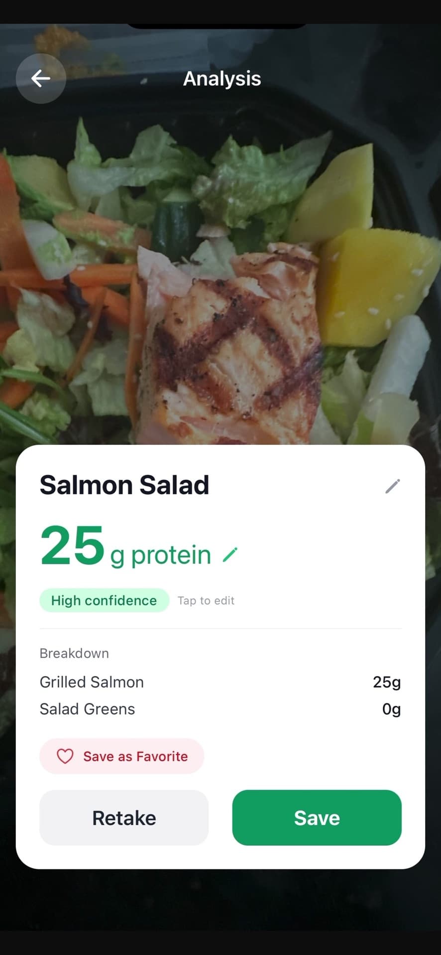 Protein Pic analysis of a salmon salad showing 25 grams of protein with a high-confidence badge
